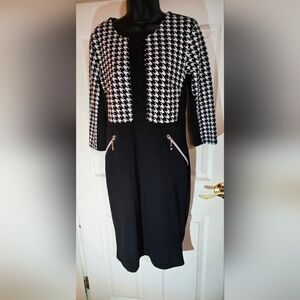 Miusol Black Dress with Black-and-White Houndstooth Motif. Zipper Back And Front